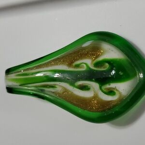 Lampwork Glass Muranno style Pendant Green White Gold c6